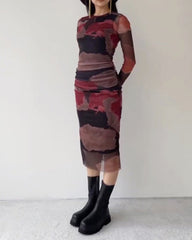 Long-Sleeve Tie-Dye Print Slim Dress