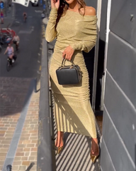 Long Sleeve Pleated Fashionable Dress