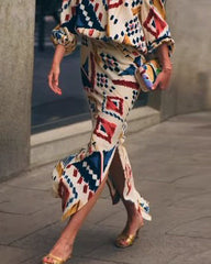 One-shoulder long-sleeve printed two-piece suit