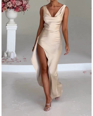 Deep V ruffled slit dress