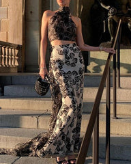 Contrast Sketch Flower Print Women's Set