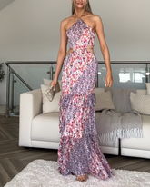 Holiday style floral print halter neck ethnic style sleeveless dress