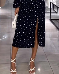 Polka-dot V-neck One-shoulder Strappy Top & Slit Skirt Two-piece Set