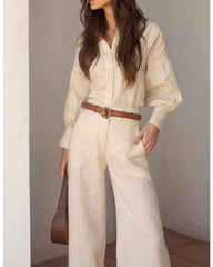 Casual lapel long sleeve cotton linen pantsuit woman