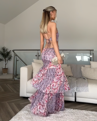 Holiday style floral print halter neck ethnic style sleeveless dress