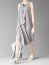 Art Gray Chiffon Dresses Plus Size Sleeve O Neck Asymmetric Linen Robes Summer Dresses