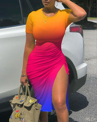 Ombre Drawstring Ruched High Slit Dress