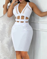 Halter Hollow-Out Sheer Mesh Buckled Bodycon Dress