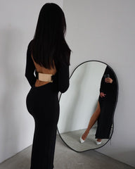 Fall solid color halter dress with high neck and slit