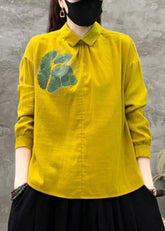 Art Yellow Peter Pan Collar Print Linen Blouses Fall