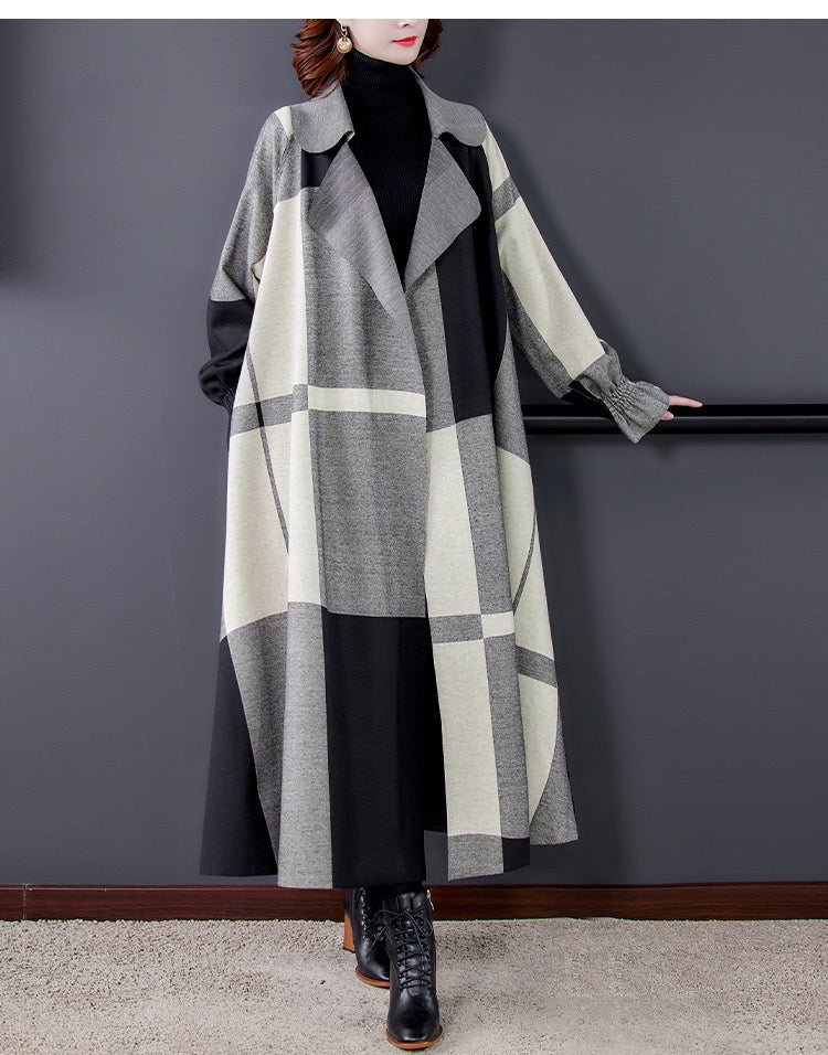 Casual Stitching Plaid Wool Long Coat