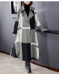 Casual Stitching Plaid Wool Long Coat