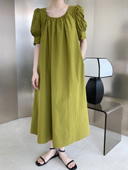 A-Line Short Sleeves Drawstring Pleated Round-Neck Midi Dresses