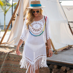 Embroidered Flared Sleeves Tasseled Mini Dress