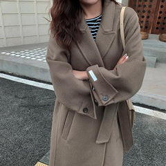 Elegant Long Solid Color Woolen Coat