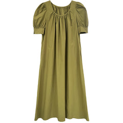 A-Line Short Sleeves Drawstring Pleated Round-Neck Midi Dresses