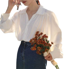 Long Sleeves Puffed Lapels Blouse&Shirt Top