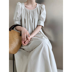 A-Line Short Sleeves Drawstring Pleated Round-Neck Midi Dresses