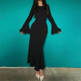 Elegant Simple Black And White Feather Long Sleeve Party Dress