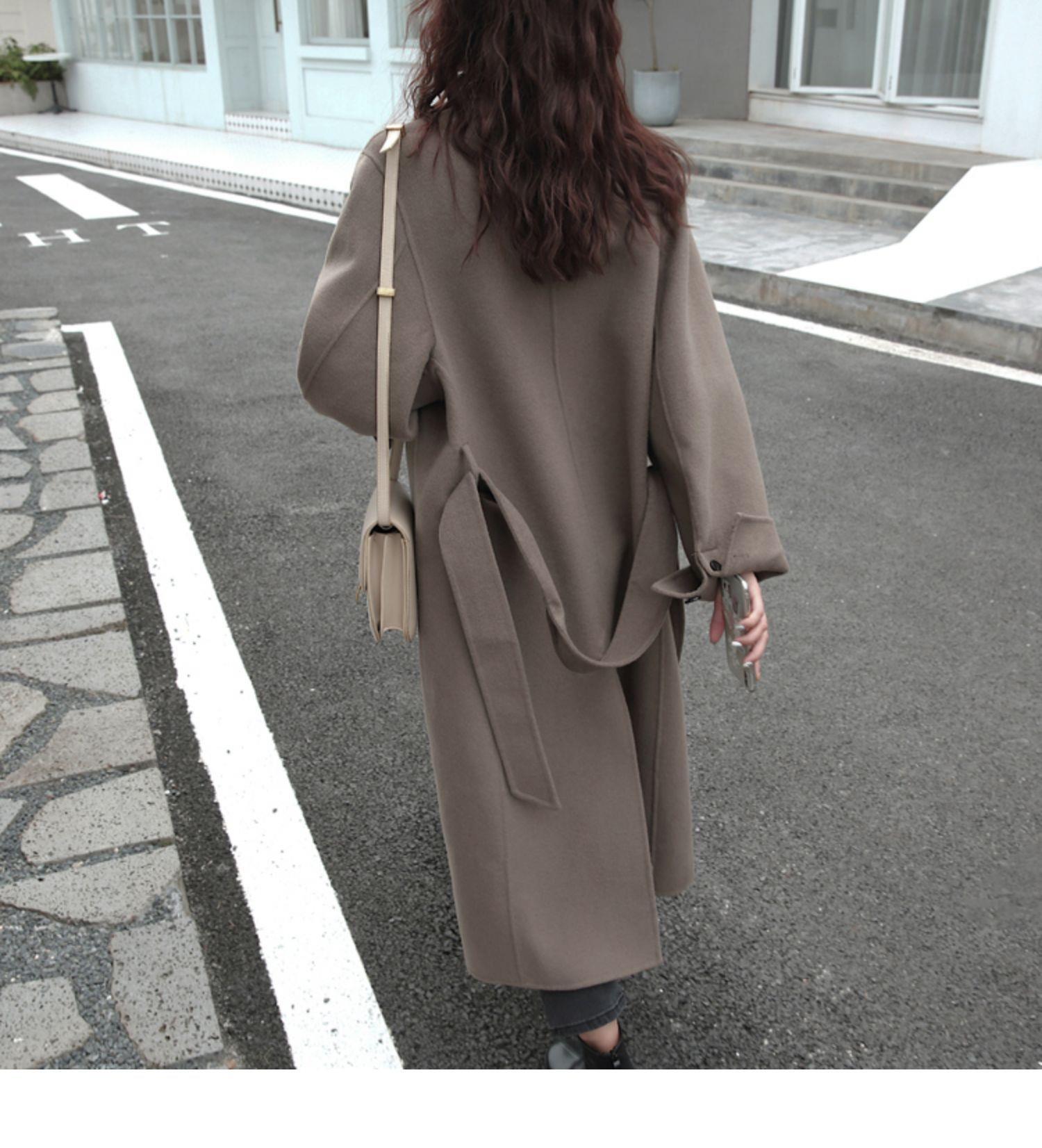 Elegant Long Solid Color Woolen Coat