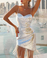 Aster Sequin Cutout Fringe Midi Dress