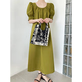 A-Line Short Sleeves Drawstring Pleated Round-Neck Midi Dresses
