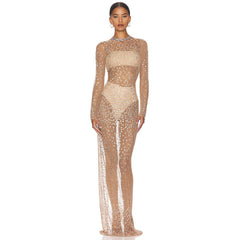 Aliza Long Sleeve Mesh Diamond Maxi Dress In Black