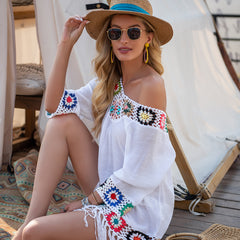 Embroidered Flared Sleeves Tasseled Mini Dress