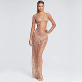 Aliza Long Sleeve Mesh Diamond Maxi Dress In Black