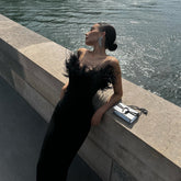 Arouette Off Shoulder Cutout Feather Satin Dress
