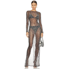 Aliza Long Sleeve Mesh Diamond Maxi Dress In Black