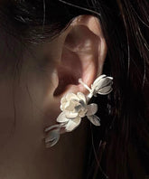 Vintage White Sterling Silver Burn White Jasmine Flower Stud Earrings