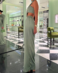 One-shoulder Halterneck Top and Pants Two-piece Suit