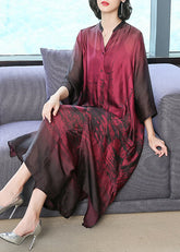 Elegant Red V Neck Print Silk Long Shirt Dress And Pants Two Pieces Set Summer
