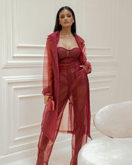 Red lapel top chest see-through three-piece set