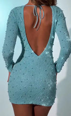 Fall one-line neck studded beaded hip wrap dress