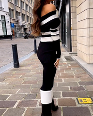 Long Sleeve Color Block Knit Sweater Dress
