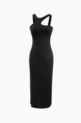 Asymmetric Rib Knit Slit Midi Dress