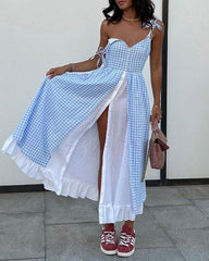 Plaid Double Layer Slit Suspender Dress