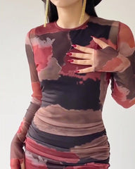 Long-Sleeve Tie-Dye Print Slim Dress