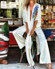 Holiday Wind Parrot Contrast Color Printed Cardigan + Casual Printed Trousers Ladies Set