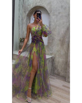 Floral one-shoulder long-sleeved dress