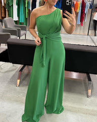 Fashion Solid Color One Shoulder Elegant Jumpsuit Wide Leg Pants