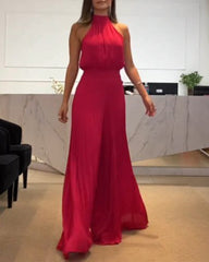 Halter Neck Fashion Pleated Wide Leg Pants Jumpsuit