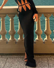 One shoulder hollow solid color dress