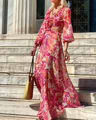 Fashion holiday style hollow waist flower print dress