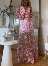 Pink Floral Deep V long-sleeved dress