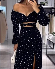 Polka-dot V-neck One-shoulder Strappy Top & Slit Skirt Two-piece Set