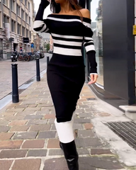 Long Sleeve Color Block Knit Sweater Dress