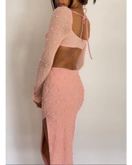 Beaded long sleeve skirt two-piece slit dress
